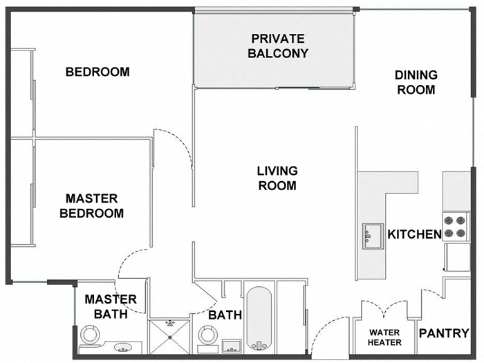 Floor plan for 2 beds, 2 baths, 1100 sqft