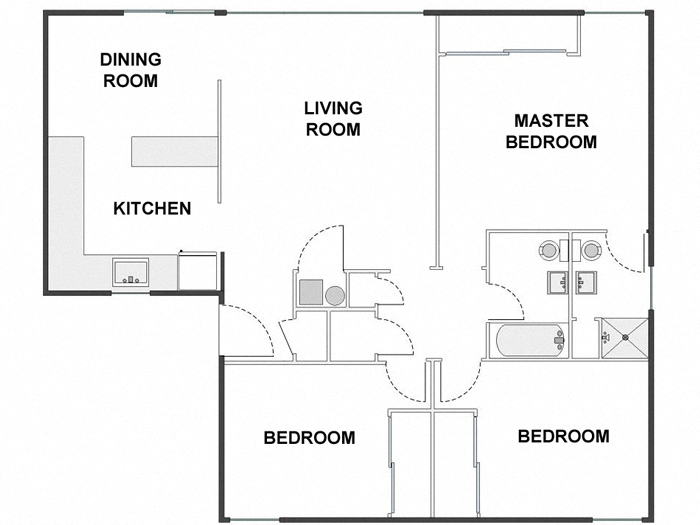 Floor plan for 3 beds, 2 baths, 1275 sqft