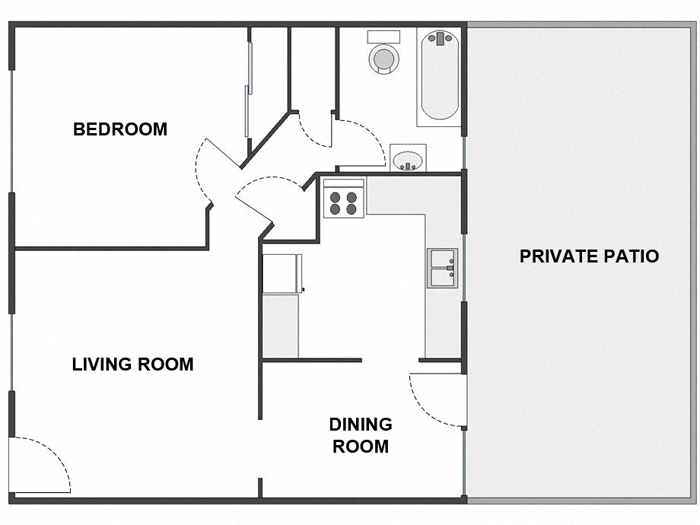 Floor plan for 1 bed, 1 bath, 725 sqft