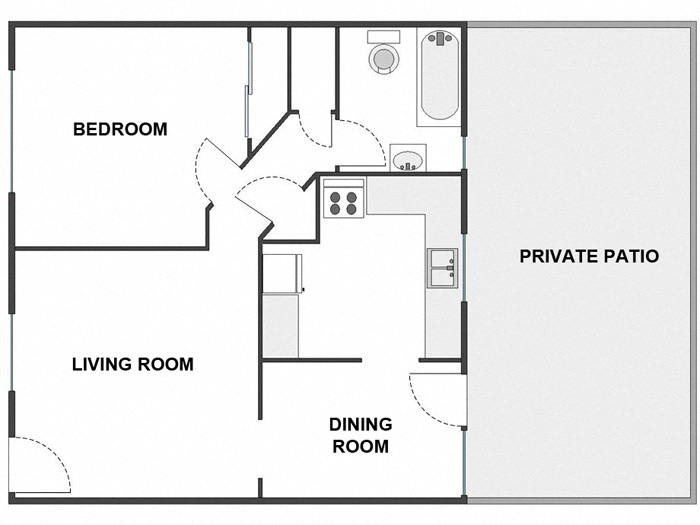Floor plan for 1 bed, 1 bath, 725 sqft