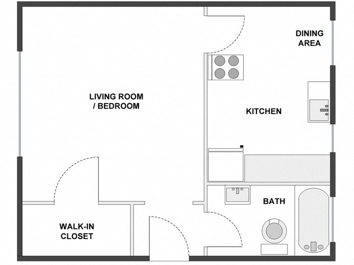 Floor plan for studio, 1 bath, 385 sqft