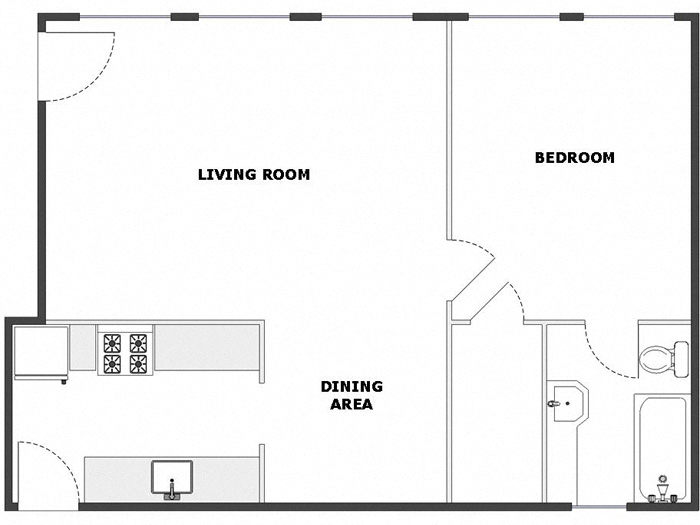 Floor plan for 1 bed, 1 bath, 660 sqft