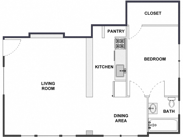 Floor plan for 1 bed, 1 bath, 640 sqft