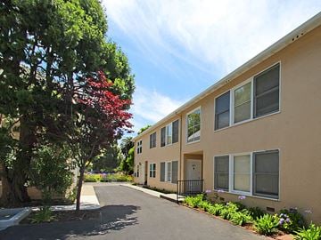 Palo Alto apartment for rent - an apartment building with a driveway and a tree