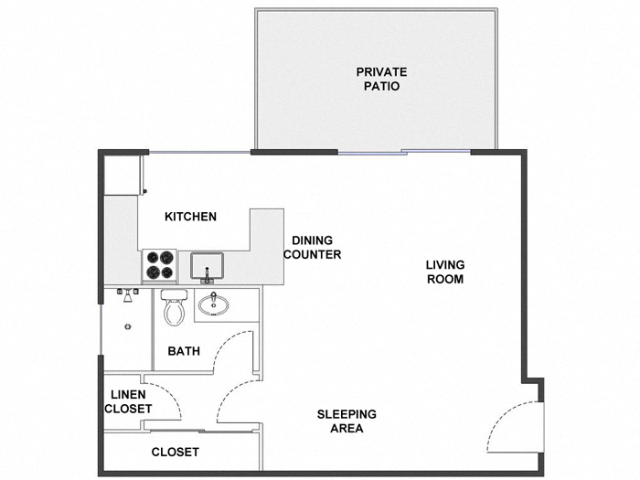 Floor plan for studio, 1 bath, 500 sqft