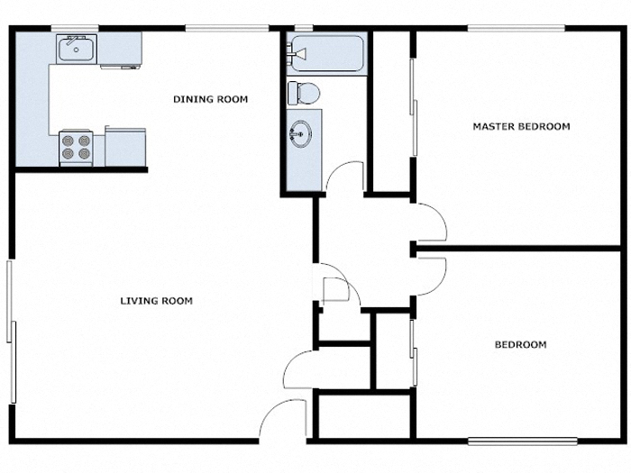 Floor plan for 2 beds, 1 bath, 1000 sqft