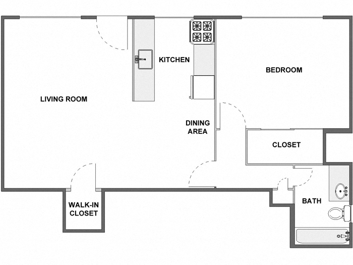 Floor plan for 1 bed, 1 bath, 630 sqft