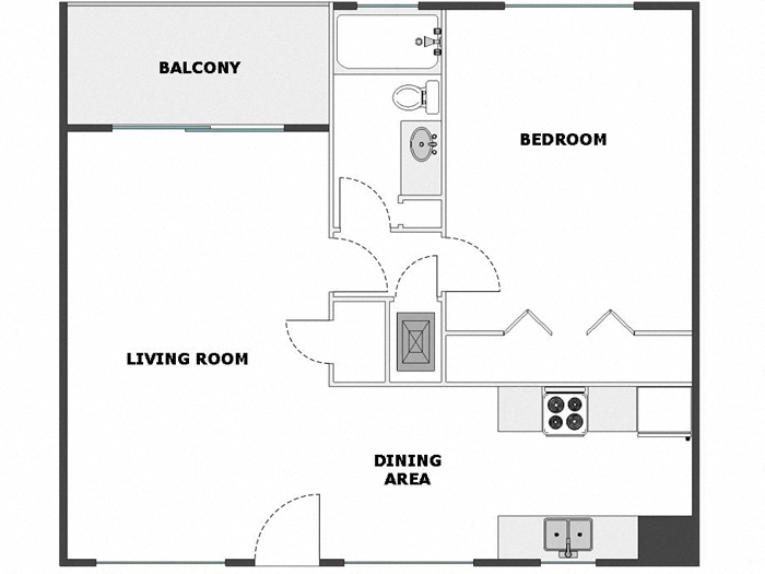 Floor plan for 1 bed, 1 bath, 700 sqft