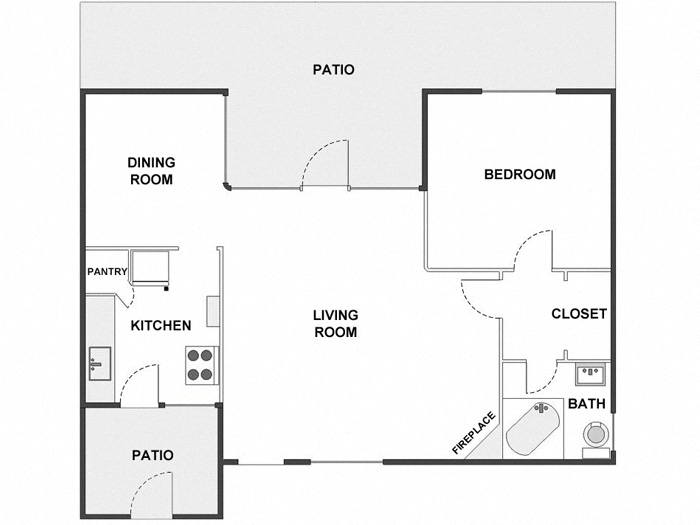 Floor plan for 1 bed, 1 bath, 775 sqft