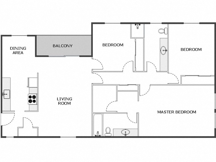 Floor plan for 3 beds, 2 baths, 1350 sqft