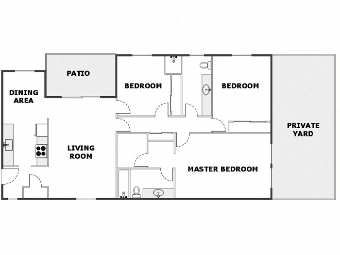 Floor plan for 3 beds, 2 baths, 1350 sqft