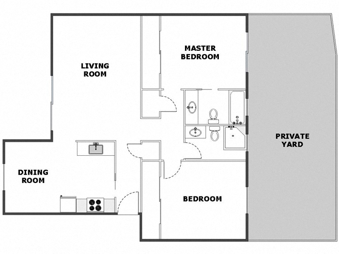 Floor plan for 2 beds, 2 baths, 1000 sqft