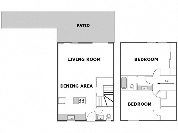Floor plan for 2 beds, 1.5 baths, 1200 sqft