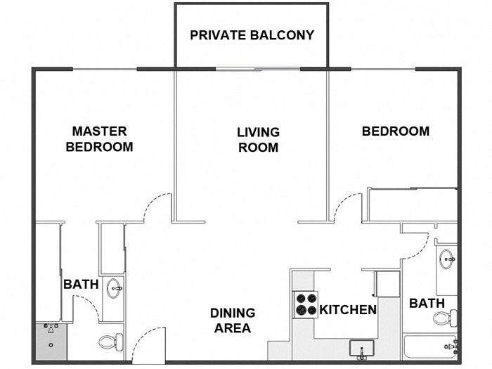 Floor plan for 2 beds, 2 baths, 1050 sqft