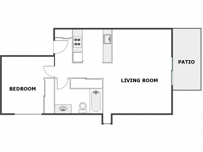 Floor plan for 1 bed, 1 bath, 730 sqft