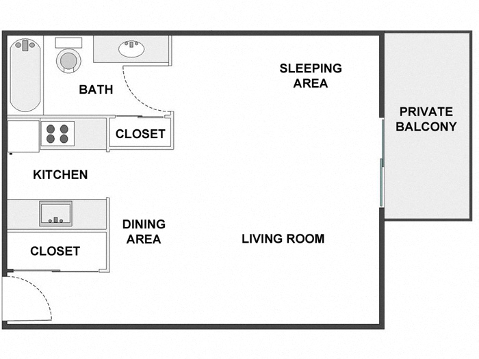 Floor plan for studio, 1 bath, 530 sqft