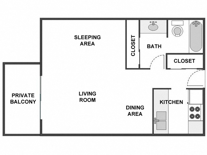 Floor plan for studio, 1 bath, 570 sqft