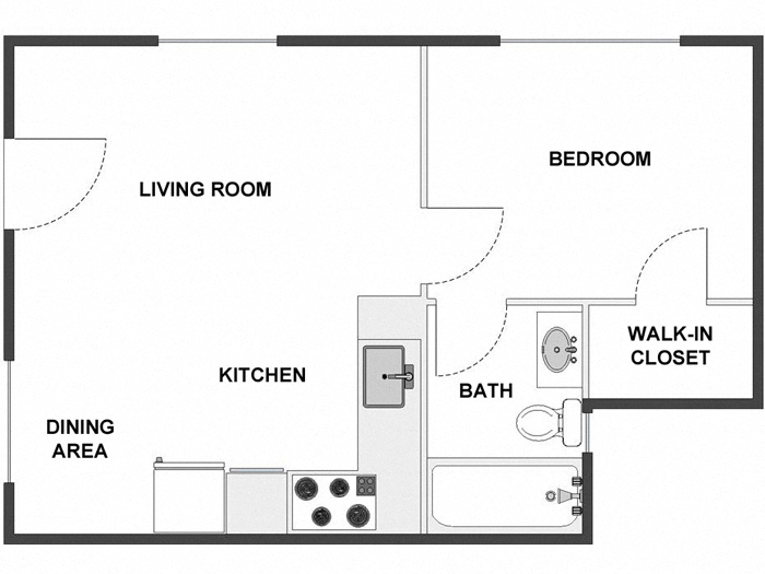 Floor plan for 1 bed, 1 bath, 425 sqft
