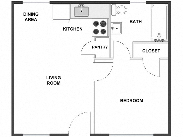 Floor plan for 1 bed, 1 bath, 415 sqft