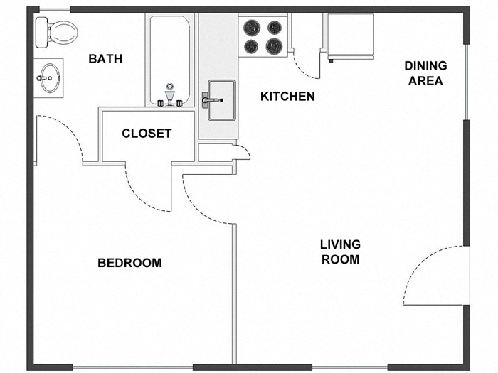Floor plan for 1 bed, 1 bath, 415 sqft
