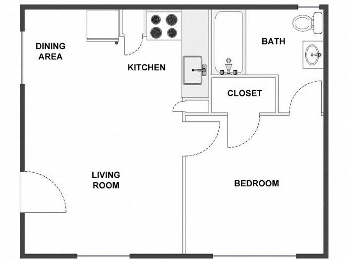Floor plan for 1 bed, 1 bath, 415 sqft