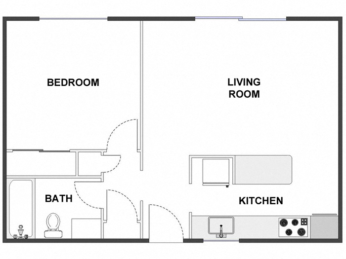 Floor plan for 1 bed, 1 bath, 600 sqft