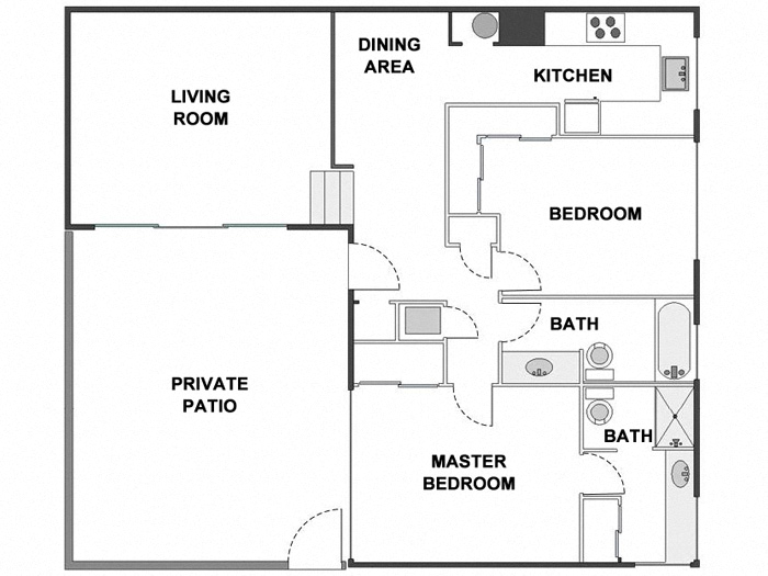 Floor plan for 2 beds, 2 baths, 1100 sqft