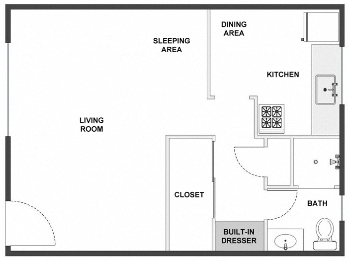 Floor plan for studio, 1 bath, 360 sqft
