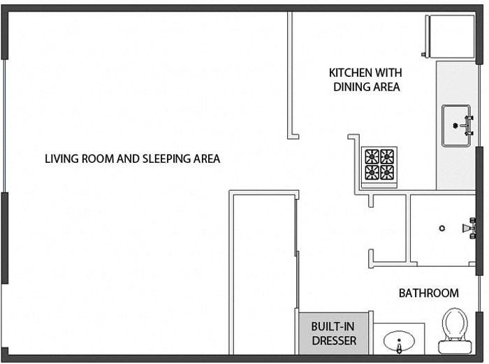 Floor plan for studio, 1 bath, 360 sqft