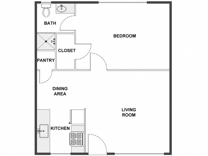 Floor plan for 1 bed, 1 bath, 550 sqft