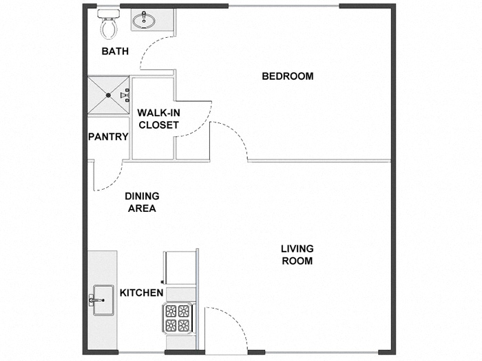 Floor plan for 1 bed, 1 bath, 675 sqft