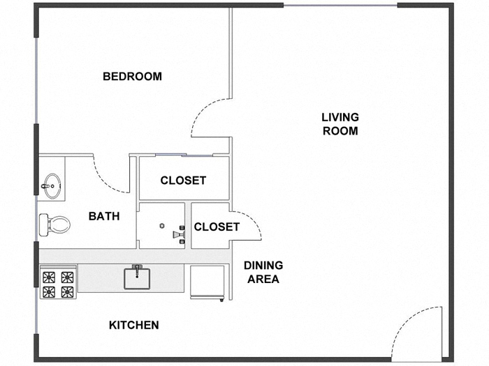 Floor plan for 1 bed, 1 bath, 700 sqft