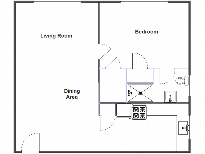 Floor plan for 1 bed, 1 bath, 725 sqft