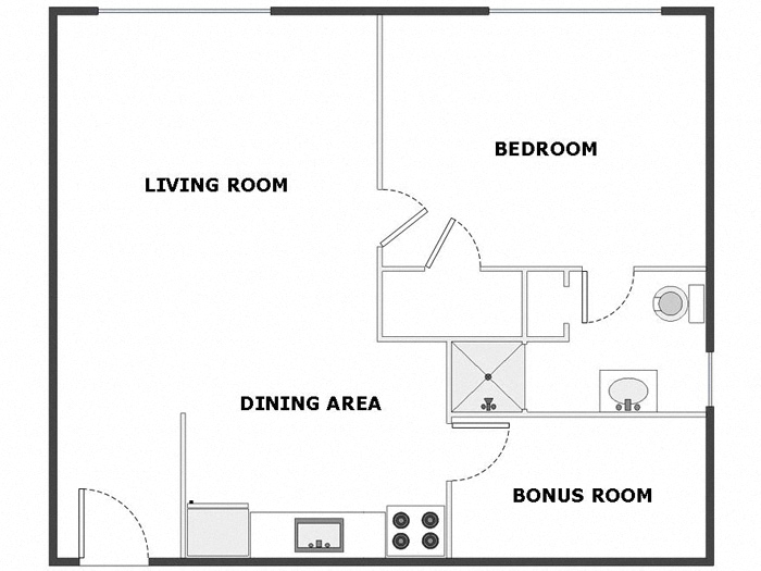 Floor plan for 1 bed, 1 bath, 720 sqft