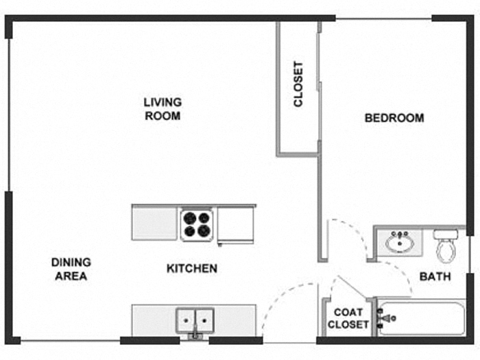 Floor plan for 1 bed, 1 bath, 650 sqft