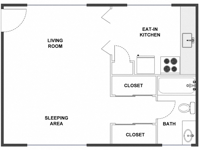 Floor plan for studio, 1 bath, 500 sqft