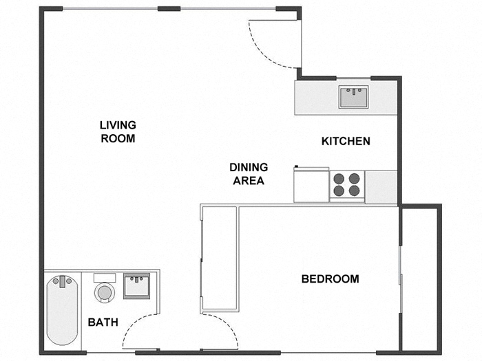 Floor plan for 1 bed, 1 bath, 725 sqft