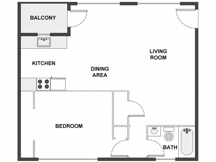 Floor plan for 1 bed, 1 bath, 725 sqft