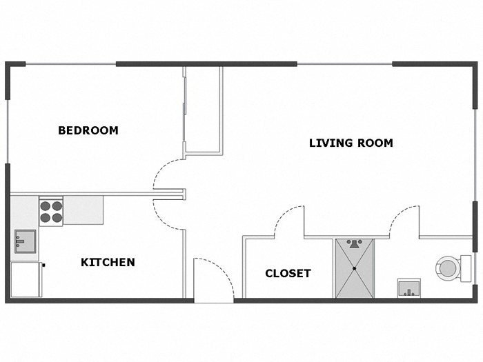 Floor plan for 1 bed, 1 bath, 540 sqft