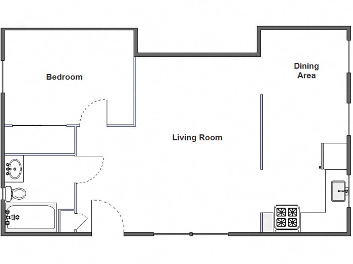 Floor plan for 1 bed, 1 bath, 600 sqft