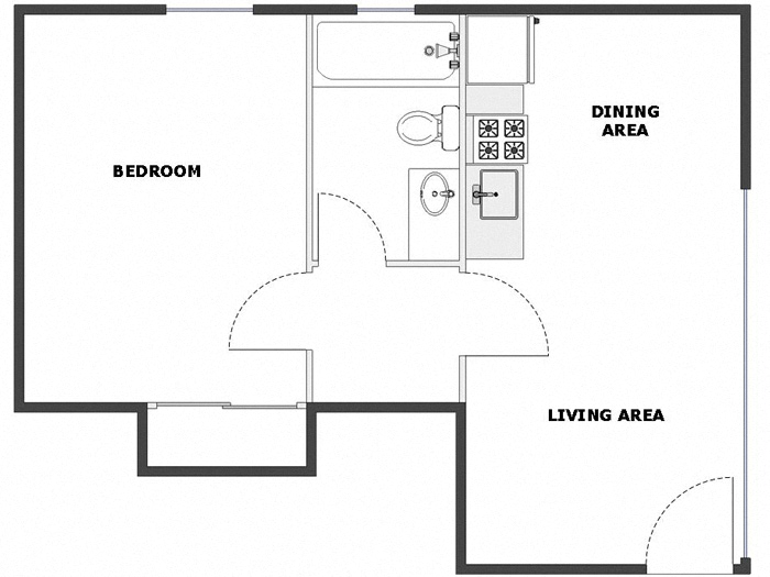 Floor plan for 1 bed, 1 bath, 460 sqft