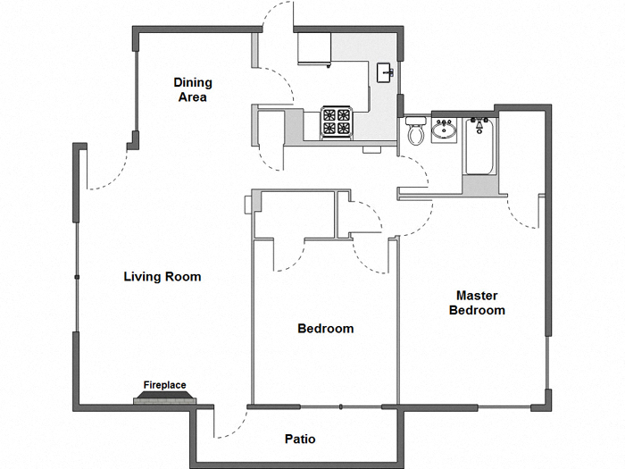 Floor plan for 2 beds, 1 bath, 945 sqft