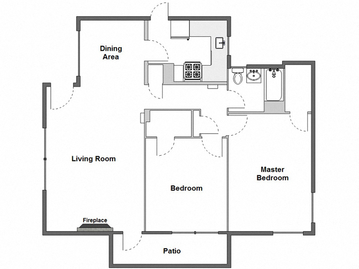 Floor plan for 2 beds, 1 bath, 945 sqft