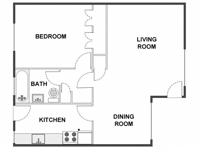 Floor plan for 1 bed, 1 bath, 715 sqft