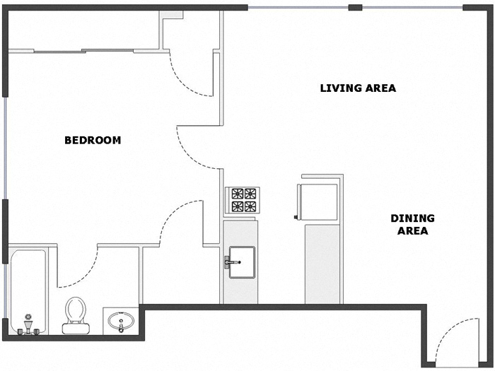 Floor plan for 1 bed, 1 bath, 515 sqft