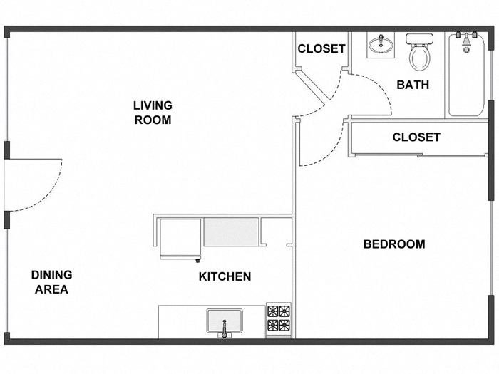Floor plan for 1 bed, 1 bath, 530 sqft