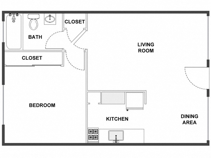 Floor plan for 1 bed, 1 bath, 530 sqft