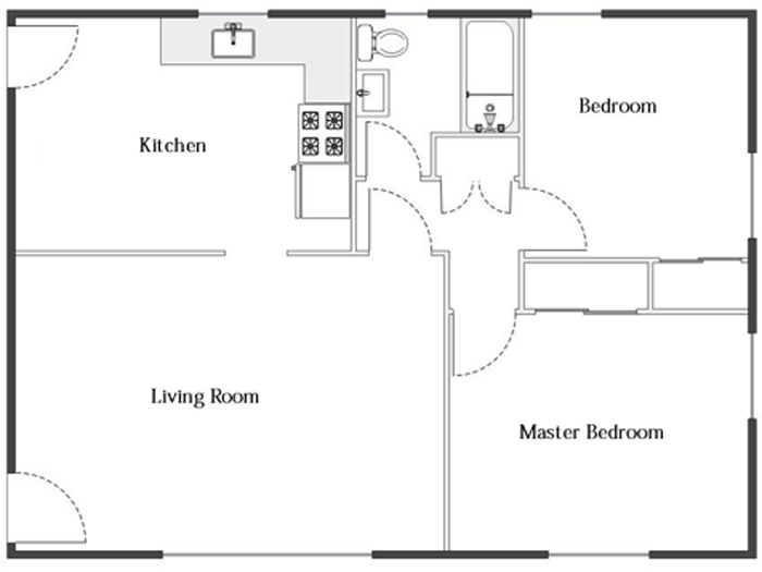 Floor plan for 2 beds, 1 bath, 825 sqft