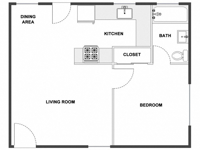 Floor plan for 1 bed, 1 bath, 500 sqft