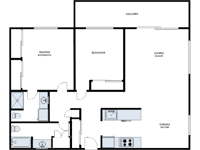 Floor plan for 2 beds, 2 baths, 1240 sqft